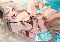 1girl ahoge aochoku bad_id bad_twitter_id bare_shoulders beach bikini blue_archive breasts brown_hair cleavage embarrassed front-tie_bikini_top front-tie_top hair_ornament hairclip halterneck highres horns izumi_(blue_archive) izumi_(swimsuit)_(blue_archive) large_breasts long_hair looking_at_viewer o-ring o-ring_bikini octopus open_mouth red_bikini scrunchie side-tie_bikini_bottom solo string_bikini swimsuit thighs water wavy_mouth wet wrist_scrunchie yellow_eyes rating:Questionable score:97 user:danbooru
