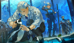  2boys 3girls absurdres alternate_costume alternate_hairstyle animal aquarium arlecchino_(genshin_impact) bird black_pants black_shirt blonde_hair blue_eyes blue_hair boots braid breast_pocket broom cape commentary_request contemporary cowlick diving_mask dolphin dutch_angle fish fish_tank freminet_(genshin_impact) furina_(genshin_impact) genshin_impact gloves goggles hand_on_own_hip hat high-waist_pants highres holding holding_broom indoors leaning_forward long_braid long_hair long_sleeves looking_at_another low-tied_long_hair making-of_available multicolored_hair multiple_boys multiple_girls neuvillette_(genshin_impact) on_one_knee overalls pants pen penguin pocket rubber_boots rubber_gloves school_of_fish scuba_gear shirt shirt_tucked_in shoes short_hair silhouette single_braid standing tartaglia_(genshin_impact) tomanattsu two-tone_hair very_long_hair water white_hair white_shirt 