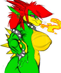 armband breasts collar colored_skin dragon dragon_girl dragoness earrings fire genderswap green_eyes green_skin hands_on_own_hips huge_breasts jewelry koopa large_breasts mario mario_(series) monster_girl red_hair shell spiked_collar spiked_cuffs spiked_wrist_band spiked_wrist_cuffs spikes super_mario_bros._1 wristband rating:Questionable score:17 user:Super_Shanko