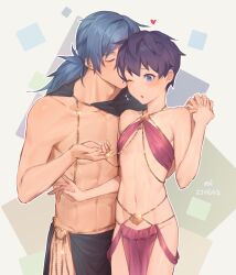 2boys :o adam&#039;s_apple arabian_clothes belly_chain blue_eyes blue_hair blush body_chain chain chain_necklace chinese_commentary closed_eyes collarbone commentary_request cowboy_shot dated flying_sweatdrops gem glint hands_up harem_outfit head_kiss heart highres holding_hands interlocked_fingers jewelry kiss kiyonagi linea_alba loincloth long_hair male_focus multiple_boys navel necklace one_eye_closed original pectorals pelvic_curtain pendant ponytail purple_hair shawl short_hair side-by-side standing stomach toned toned_male trap yaoi rating:Sensitive score:62 user:danbooru