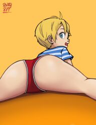  1boy artist_name blonde_hair blue_eyes blue_shirt feet_out_of_frame from_behind highres looking_at_viewer looking_back lying male_focus male_underwear no_pants on_stomach open_mouth orange_background original red_male_underwear rustyriff shirt short_sleeves shota simple_background smile spread_legs striped_clothes striped_shirt thighs underwear 