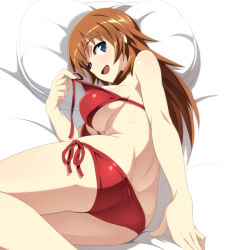  1girl ass bikini blue_eyes blush breasts brown_hair charlotte_e._yeager commentary_request large_breasts long_hair looking_at_viewer nanashino open_mouth pillow red_bikini side-tie_bikini_bottom smile solo strike_witches swimsuit world_witches_series 