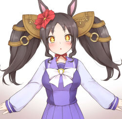  +_+ 1girl :o animal_ears black_hair blush bow breasts brown_background brown_eyes collarbone commentary_request gradient_background highres hitotsuki_no_yagi horse_ears long_hair long_sleeves looking_at_viewer marvelous_sunday_(umamusume) medium_breasts parted_bangs parted_lips pleated_skirt puffy_long_sleeves puffy_sleeves purple_shirt purple_skirt shirt sidelocks skirt sleeves_past_wrists solo twintails umamusume white_background white_bow 