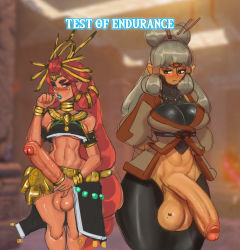  2girls blue_eyes blush breasts english_text erection flaccid foreskin futanari gerudo gerudo_set_(zelda) grabbing highres huge_penis large_breasts large_penis large_testicles long_hair looking_at_viewer medium_breasts multiple_girls muscular muscular_female newhalf nintendo paya_(zelda) penis penis_grab penis_out penis_size_difference phimosis pointy_ears red_hair riju silver_hair streachybear testicles the_legend_of_zelda the_legend_of_zelda:_breath_of_the_wild uncensored  rating:Explicit score:142 user:SlayDash
