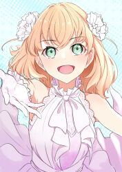  1girl blue_background collar commentary_request dress flower frilled_collar frills gloves green_eyes hair_flower hair_ornament halftone halftone_background highres hinoshita_kaho link!_like!_love_live! link_to_the_future_(love_live!) looking_at_viewer love_live! medium_hair open_mouth orange_hair reaching reaching_towards_viewer revision sidelighting sleeveless sleeveless_dress solo tomoe_(tomoe_200) upper_body virtual_youtuber white_dress white_gloves 