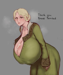  1girl blonde_hair breasts cleavage clothes cum cum_on_body cum_on_breasts cum_on_upper_body dress ejaculation_between_breasts english_text female_focus from_software gigantic_breasts green_dress green_eyes grey_background heart heart-shaped_pupils highres long_hair looking_at_viewer mature_female mature_female rya_(elden_ring) shinyglute simple_background smile solo sweat symbol-shaped_pupils  rating:Explicit score:87 user:SlayDash