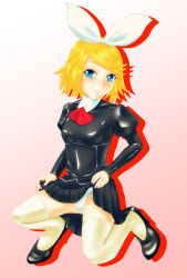  1girl absurdres agent_aika aika_(series) alternate_costume black_delmo blonde_hair blue_eyes blush bow breasts cameltoe closed_mouth clothes_lift cosplay crossover crotch delmo hair_bow hair_ornament highres kagamine_rin latex long_sleeves miniskirt panties pantyshot shinku_pack short_hair simple_background skin_tight skirt skirt_lift small_breasts smile solo squatting thighhighs underwear uniform upskirt vocaloid white_bow white_panties 