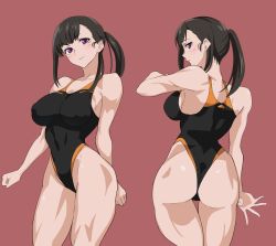 1girl ass back baron_(nsbaron) black_hair blush breasts clenched_hands competition_swimsuit covered_erect_nipples covered_navel en&#039;en_no_shouboutai large_breasts long_hair looking_at_viewer maki_oze narrow_waist one-piece_swimsuit pink_background ponytail purple_eyes simple_background swimsuit rating:Sensitive score:107 user:danbooru