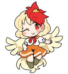 1girl animal animal_on_head bird bird_on_head bird_tail bird_wings blonde_hair blush boots brown_footwear chick closed_mouth dress feathered_wings full_body highres ini_(inunabe00) multicolored_hair niwatari_kutaka on_head one_eye_closed orange_dress red_eyes red_hair shirt short_hair short_sleeves simple_background smile solo tail touhou two-tone_hair white_background white_shirt wings yellow_wings 