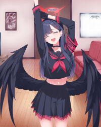  1girl absurdres armband black_choker black_sailor_collar black_serafuku black_wings blue_archive choker feathered_wings hair_ornament hairclip halo highres ichika_(blue_archive) justice_task_force_(blue_archive) low_wings navel neckerchief red_armband red_halo red_neckerchief sailor_collar school_uniform serafuku shizudraw solo stretching wings  rating:General score:10 user:danbooru