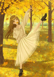  1girl anko_kinako autumn ballet bow brown_eyes brown_hair earrings ginkgo_leaf ginkgo_tree hair_bow highres holding holding_leaf jewelry leaf long_hair nail_polish original outdoors shadow skirt standing standing_on_one_leg sweater white_skirt 
