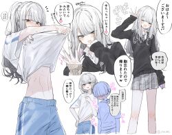  1girl 2boys :d black_sweater blue_shorts blush cellphone clothes_lift crossdressing fang grey_eyes grey_hair grey_skirt gym_uniform hair_over_eyes heart height highres holding holding_phone jin_sei lifted_by_self long_hair long_sleeves male_focus mole mole_under_mouth multiple_boys musical_note necktie one_side_up open_mouth original palms_together phone shirt shirt_lift short_sleeves shorts simple_background skirt sleeves_past_wrists smartphone smile solo_focus stomach sweat sweater thought_bubble toned toned_male translation_request trap v-neck waving white_background white_shirt 