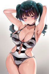  1girl alternate_breast_size armpits arms_behind_head arms_up black_hair blue_hair blush breasts cameltoe casual_one-piece_swimsuit cleavage closed_mouth clothing_cutout collarbone cowboy_shot curvy gradient_background gradient_hair grey_background groin highres large_breasts looking_at_viewer love_live! love_live!_sunshine!! multicolored_hair navel navel_cutout one-piece_swimsuit pink_eyes purple_hair ribbon skindentation solo striped_clothes striped_one-piece_swimsuit swimsuit tem10 tsushima_yoshiko  rating:Sensitive score:107 user:danbooru