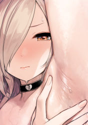 1girl armpits black_choker blonde_hair blush brown_eyes choker closed_mouth commentary_request hair_over_one_eye highres lips looking_at_viewer mole mole_on_armpit nino_(sunaba_suzume) nude original solo sunaba_suzume sweat sweatdrop upper_body rating:Questionable score:60 user:danbooru