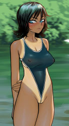 1girl black_hair blue_eyes blue_one-piece_swimsuit blush breasts cleavage commentary covered_erect_nipples dark-skinned_female dark_skin embarrassed english_commentary highres holding_own_arm pussy legs_together looking_away medium_breasts medium_hair messy_hair one-piece_swimsuit one-piece_tan original partially_visible_vulva solo standing swimsuit tan tanline thighs water wedgie zillionaire rating:Questionable score:103 user:danbooru