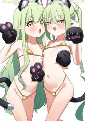  2girls :d animal_ear_fluff animal_ears animal_hands areola_slip bikini black_gloves black_tail blue_archive blush breasts cat_ears cat_paws cat_tail collarbone fake_animal_ears fake_tail fang gloves gold_bikini green_eyes green_halo hair_between_eyes half-closed_eyes halo hand_on_another&#039;s_waist hand_up highleg highleg_bikini highres hikari_(blue_archive) hip_bones long_hair looking_at_viewer micro_bikini multiple_girls navel nipple_slip nipples nozomi_(blue_archive) open_mouth paw_pose pointy_ears siblings simple_background sisters skin_fang small_breasts smile standing string_bikini swimsuit tail teeth twins twintails upper_teeth_only v wardrobe_malfunction white_background yellow_eyes yonketa  rating:Questionable score:99 user:ghotazegheo