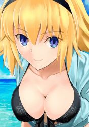 1girl animated animated_gif bent_over bikini black_bikini black_hairband blue_eyes blue_jacket blue_sky bouncing_breasts braid breasts circle_name cloud cloudy_sky collarbone fate/grand_order fate_(series) hairband hood hood_down hooded_jacket jacket jeanne_d&#039;arc_(fate) jeanne_d&#039;arc_(ruler)_(fate) jeanne_d&#039;arc_(swimsuit_archer)_(fate) large_breasts long_braid looking_at_viewer ocean open_clothes open_jacket ponytail shirotsumekusa single_braid sky smile swaying swimsuit rating:Sensitive score:111 user:Amaggard