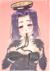 10s black_bra blush bra unworn_bra breasts gloves halo highres kantai_collection large_breasts looking_at_viewer mechanical_halo mouth_hold nipples open_clothes purple_hair ribbon ryou_(shirotsumesou) short_hair smile solo tatsuta_(kancolle) translated underwear rating:Questionable score:10 user:danbooru