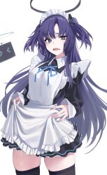  &gt;_&lt; 1girl alternate_costume alternate_eye_color apron black_dress black_halo black_thighhighs blue_archive blue_eyes blue_halo blue_ribbon collared_shirt dot_nose dress floating_hair frilled_apron frilled_dress frills halo highres juliet_sleeves long_hair long_sleeves looking_at_viewer maid_headdress monitor neck_ribbon open_mouth puffy_sleeves purple_hair raised_eyebrow ribbon shirt sidelocks simple_background skirt_hold thighhighs tooyon two_side_up very_long_hair white_apron white_background white_shirt yuuka_(blue_archive) 