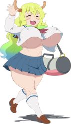  1girl absurdres bag blonde_hair blue_hair blush bouncing_breasts breasts chetrippo covered_erect_nipples curvy dragon_girl dragon_horns closed_eyes gradient_hair green_hair highres horns huge_breasts kobayashi-san_chi_no_maidragon long_hair lucoa_(maidragon) multicolored_hair navel no_bra open_mouth school_uniform serafuku shoes skirt smile socks solo standing stomach thick_thighs thighs transparent_background underboob walking waving  rating:Questionable score:43 user:JustHere4Butts