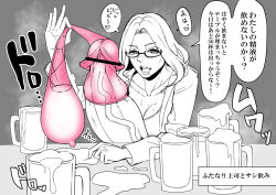  1girl bar_(place) beer_mug blush condom condom_on_penis cum cum_in_container cum_in_cup cup drooling excessive_cum futanari gero_1992 glasses greyscale heart highres implied_after_masturbation large_corona_of_glans_penis large_penis looking_at_viewer medium_hair monochrome mug office_lady penis pov sitting solo spoken_heart steaming_body sweat table translated used_condom used_condom_on_penis 