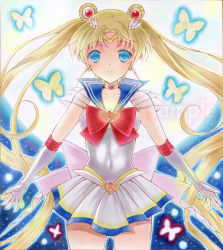1girl bishoujo_senshi_sailor_moon blonde_hair blue_eyes blue_sailor_collar bow bowtie brooch collarbone covered_navel cowboy_shot crescent crescent_earrings earrings elbow_gloves floating_hair full_moon gloves heart heart_brooch jewelry leotard long_hair looking_at_viewer miniskirt moon parted_lips pleated_skirt red_bow red_bowtie sailor_collar sailor_moon sample_watermark skirt solo standing super_sailor_moon traditional_media very_long_hair wakaba0801 watermark white_gloves white_skirt