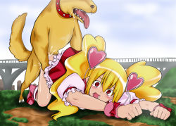  1girl all_fours bestiality blonde_hair blush clothes_lift crying cum cum_in_pussy cure_peach dog doggystyle fresh_precure! momozono_love outdoors precure red_eyes ribbon saliva sex sex_from_behind skirt skirt_lift tears tenzen_miyabi tongue tongue_out twintails  rating:Explicit score:35 user:blitxo