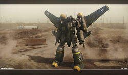  3d aircraft arm_cannon commentary concrete decepticon desert dust emblem encho_enchev english_commentary herr_blitzkrieg highres luftwaffe me_262 mecha military original realistic robot roundel science_fiction signature transformers wall weapon world_war_ii 