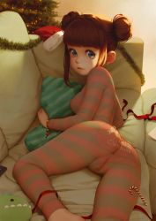  1girl alkemanubis ass black_hair blue_eyes blush breasts brown_hair candy candy_cane cellphone cleft_of_venus covered_erect_nipples double_bun female_focus food freckles hair_bun hat highres indoors loli looking_at_viewer looking_back lying medium_breasts no_panties on_stomach pajamas phone pussy santa_hat see-through smartphone solo striped stuffed_toy tagme third-party_edit uncensored  rating:Explicit score:988 user:Loli_pussy_gobbler