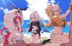  3girls baobhan_sith_(fate) baobhan_sith_(swimsuit_pretender)_(fate) baobhan_sith_(swimsuit_pretender)_(first_ascension)_(fate) barghest_(fate) barghest_(swimsuit_archer)_(fate) beach blonde_hair blue_nails blue_sky breasts cernunnos_(fate) crab earrings fate/grand_order fate_(series) green_eyes green_neckerchief grey_eyes hair_ornament hairclip hat heterochromia high_heels highres jewelry kneeling large_breasts long_hair medium_breasts melusine_(fate) melusine_(swimsuit_ruler)_(fate) melusine_(swimsuit_ruler)_(first_ascension)_(fate) multiple_girls nail_polish navel neckerchief pink_hair pointy_ears ponytail sand_castle sand_sculpture shrug_(clothing) skirt sky small_breasts squatting stud_earrings thigh_strap uxco0 white_hair white_headwear white_skirt wings yellow_eyes  rating:Sensitive score:21 user:danbooru