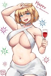  1girl alcohol arm_up armpit_crease blonde_hair blue_eyes blush breasts brown_dust_2 chocofl4n choker crop_top cup drinking_glass earrings english_text eyebrows_hidden_by_hair feet_out_of_frame groin hair_between_eyes happy_anniversary highres holding holding_cup jewelry justia_(brown_dust) large_breasts looking_at_viewer navel open_mouth short_hair signature simple_background skindentation skirt small_horns smile solo stomach teeth thick_eyebrows upper_teeth_only v white_background white_choker white_skirt wine wine_glass  rating:Sensitive score:3 user:danbooru