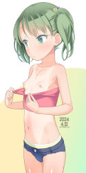  1girl bare_arms bare_shoulders blue_shorts bow bow_panties breasts collarbone cube_hair_ornament dated green_background green_eyes green_hair hair_ornament highres loli micro_shorts navel nipples original panties pulling_own_clothes shorts signature small_breasts solo tan tanline twintails two-tone_background underwear white_background yellow_panties yone_kinji 