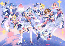  2boys 4girls animal aqua_eyes arched_back arm_warmers art_brush bare_shoulders blonde_hair blue_bow blue_eyes blue_footwear blue_gloves blue_hair blue_headwear blue_kimono blue_ribbon blue_scarf blue_skirt boots bow bowtie brown_eyes brown_hair commentary crescent crescent_hair_ornament crescent_print crop_top crypton_future_media fingerless_gloves fortissimo full_body fur-trimmed_shirt fur_trim geta gloves gradient_hair grin hair_bow hair_ornament hair_ribbon hairclip hatsune_miku headdress holding holding_brush horizon japanese_clothes kagamine_len kagamine_rin kaito_(vocaloid) kimono layered_skirt light_blue_hair long_hair long_skirt looking_at_viewer megurine_luka meiko meiko_(vocaloid) midriff multicolored_hair multiple_boys multiple_girls musical_note musical_note_hair_ornament official_art open_mouth oversized_object paintbrush pants piapro pink_bow pink_bowtie pink_hair pink_headwear pink_pants pink_thighhighs pom_pom_(clothes) rabbit rabbit_yukine rainys_bill ribbon scarf second-party_source shirt short_hair short_ponytail short_sleeves shorts skirt sleeveless sleeveless_shirt smile snowflake_hair_ornament snowflake_ornament snowflake_print socks sparkle spiked_hair star_(sky) streaked_hair striped striped_bow thighhighs twintails very_long_hair vocaloid white_socks wide_sleeves yuki_kaito yuki_len yuki_luka yuki_meiko yuki_miku yuki_miku_(2023) yuki_rin 