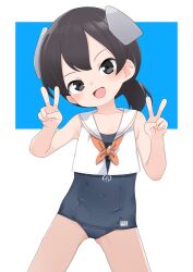  1girl black_eyes black_hair blue_one-piece_swimsuit blush double_v flat_chest headgear i-41_(kancolle) kantai_collection loli looking_at_viewer nassukun one-piece_swimsuit open_mouth ponytail sailor_collar short_ponytail sleeveless solo swimsuit swimsuit_under_clothes two-tone_background v white_sailor_collar 