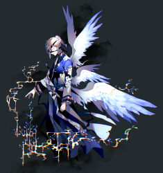  1boy akke_(akke299) angel_wings arm_at_side black_blindfold black_pants blindfold brown_hair clenched_hand closed_eyes commentary feathered_wings from_side full_body gold_trim green_background grey_jacket grey_robe hair_between_eyes highres jacket kanae_(nijisanji) long_hair long_sleeves magic male_focus mole mole_under_eye multiple_wings nijisanji official_alternate_costume one_eye_covered pants parted_lips plant ponytail profile reaching robe short_ponytail simple_background single_sleeve smoke solo splatter_print virtual_youtuber white_wings wings 
