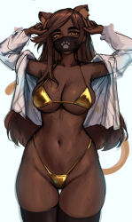  1girl animal_ear_fluff animal_ears arms_up big_hair bikini black_thighhighs breasts brown_hair cat_ears cat_girl cleavage covered_mouth dark-skinned_female dark_skin gold_bikini groin highres large_breasts long_hair looking_at_viewer mask masked_cat_girl_(roresu) micro_bikini mismatched_eyebrows mole mole_on_breast mole_on_stomach mouth_mask multiple_moles navel open_clothes open_shirt original roresu shirt solo sweat swimsuit thick_eyebrows thick_thighs thigh_gap thighhighs thighs underboob very_long_hair white_shirt wide_hips yellow_eyes  rating:Sensitive score:29 user:danbooru
