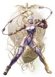  1girl absurdres armor breasts cleavage eyes_visible_through_hair gauntlets hair_over_one_eye highres holding holding_sword holding_weapon isabella_valentine kawano_takuji large_breasts lipstick makeup navel official_art pauldrons purple_lips purple_thighhighs revealing_clothes shoulder_armor skindentation solo soul_calibur soulcalibur soulcalibur_vi sword thighhighs thighs weapon whip whip_sword white_hair  rating:Sensitive score:45 user:danbooru