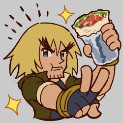  1boy blonde_hair deformed eating facial_hair food food_request forked_eyebrows ken_masters male_focus sandwich seisenshi_dunbine short_hair solo sparkle_background street_fighter street_fighter_6 stubble thick_eyebrows yuiofire 