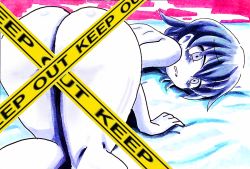  1girl ass bad_id bad_nicoseiga_id blue_hair blush butt_crack caution_tape cookie_(touhou) grey_eyes keep_out kofji_(cookie) looking_at_viewer lying mcu monochrome nude on_stomach pale_skin scared short_hair simple_background 
