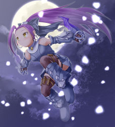 1girl :&lt; ahoge amulet black_bow boots bow breasts character_request commentary_request dagger detached_collar detached_sleeves dress dual_wielding emil_chronicle_online forehead full_body full_moon garter_straps hair_bow highres holding huge_ahoge jumping kasuga_yukihito knee_boots knife long_hair moon night ninja petals ponytail pouch purple_hair reverse_grip short_dress small_breasts solo thigh_pouch thighhighs very_long_hair weapon yellow_eyes