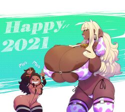  2021 2girls amber_(carmessi) animal_print bikini blonde_hair breasts carmessi clothes_writing cow_print curvy dark-skinned_female dark_skin dated demon_girl earrings fingerless_gloves gala_(carmessi) gloves hand_on_own_hip happy happy_new_year highres hoop_earrings jewelry large_breasts long_hair mother_and_daughter multiple_girls new_year revealing_clothes shiny_skin shirt side-tie_bikini_bottom simple_background slingshot_swimsuit smile standing swimsuit thick_thighs thighhighs thighs thong underwear very_long_hair wide_hips 