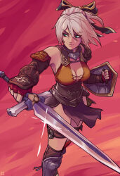  1girl absurdres blonde_hair blue_eyes bow breasts cassandra_alexandra cleavage commentary doobermcgoober english_commentary fingerless_gloves gloves hair_bow highres holding holding_sword holding_weapon medium_breasts red_gloves shield simple_background smile solo soul_calibur sword weapon 