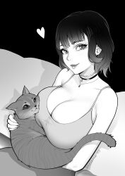 1girl animal artist_name brassica breasts cat choker cleavage closed_mouth commission greyscale heart highres holding holding_animal holding_cat huge_breasts jewelry lips monochrome necklace original shadow short_hair sitting tank_top thick_lips  rating:Sensitive score:36 user:danbooru
