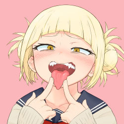  blonde_hair blush boku_no_hero_academia collarbone double_bun fangs hair_bun highres invisiblewanwano messy_hair open_mouth oral_invitation simple_background solo teeth toga_himiko tongue tongue_out upper_body upper_teeth_only yellow_eyes  rating:Sensitive score:147 user:Domestic_Importer