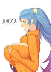 1girl absurdres atg_(wttoo0202) bad_id bad_pixiv_id blue_eyes blue_hair blush breast_conscious breast_fondle breast_suppress breasts highres huge_breasts inconvenient_breasts league_of_legends matching_hair/eyes meme_attire open-chest_sweater orange_shirt shirt sleeves_past_wrists solo sona_(league_of_legends) sweater twintails rating:Questionable score:52 user:danbooru