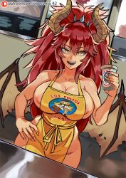  1girl apron areola_slip breaking_bad breasts cleavage dragon_girl fangs glass hand_on_own_hip highres horns large_breasts long_hair meme nails open_mouth red_hair ribosoma_42 smile spanish_text virtual_youtuber vshojo wings yellow_eyes zentreya 