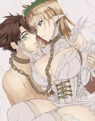 1boy 1girl antenna_hair babydoll bare_shoulders blonde_hair blue_eyes breasts brown_hair bustier chain cleavage collar green_eyes hasegawa_chisato hetero huge_breasts large_breasts lingerie linked_collar long_hair mole mole_under_eye nude ookuma_nekosuke open_mouth pointy_ears shinmai_maou_no_testament sitting sitting_on_person thighhighs thighs toujou_basara underwear  rating:Sensitive score:116 user:yuri2896