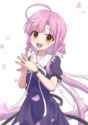  1girl ahoge blush curtained_hair dress falling_petals gakkou_gurashi! hair_ornament hairclip happy highres long_hair looking_at_viewer open_mouth petals pink_hair puffy_short_sleeves puffy_sleeves purple_dress sakura_megumi shiny_skin short_sleeves smile solo teeth upper_body upper_teeth_only user_pcsh3757 very_long_hair watch white_background wristwatch yellow_eyes 