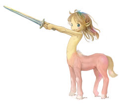  1girl bad_id bad_pixiv_id blush_stickers centaur flat_chest highres hooves loli male_focus monster_girl navel nipples nude pointy_ears simple_background smile solo sword tail taur the_chronicles_of_narnia topless_male tsukushi_akihito weapon white_background  rating:Questionable score:94 user:danbooru