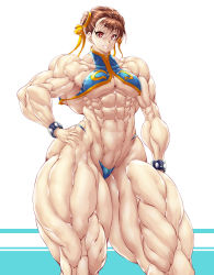  1girl bikini boxing_ring bracelet breasts brown_eyes brown_hair bun_cover capcom china_dress chinese_clothes chun-li colored_skin double_bun dress extreme_muscles eyebrows_hidden_by_hair eyelashes hair_bun hand_on_own_hip highres jewelry looking_at_viewer muscular muscular_female purukogi_(plasma_beach) ribbon smile solo street_fighter swimsuit teeth thick_thighs thighs tight_clothes underboob underwear white_skin wristband yellow_ribbon  rating:Explicit score:13 user:zetsuzen12